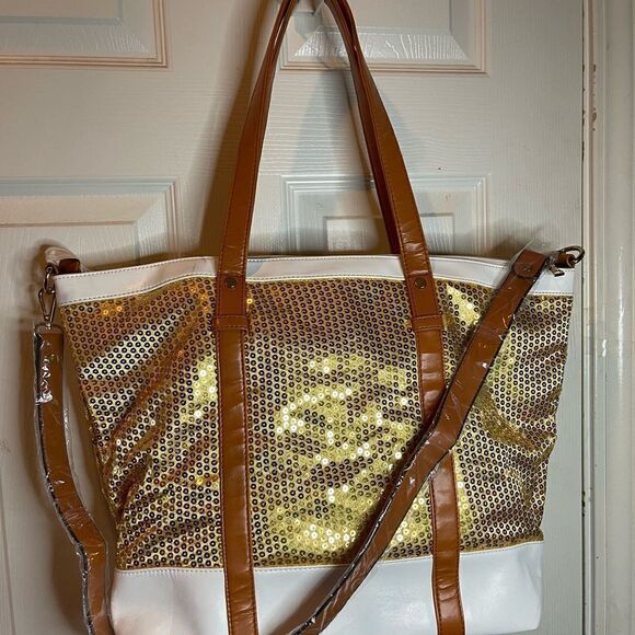 J Francis gold sequins with white and tan faux leather trims tote/shoulder bag. - Picture 4 of 10